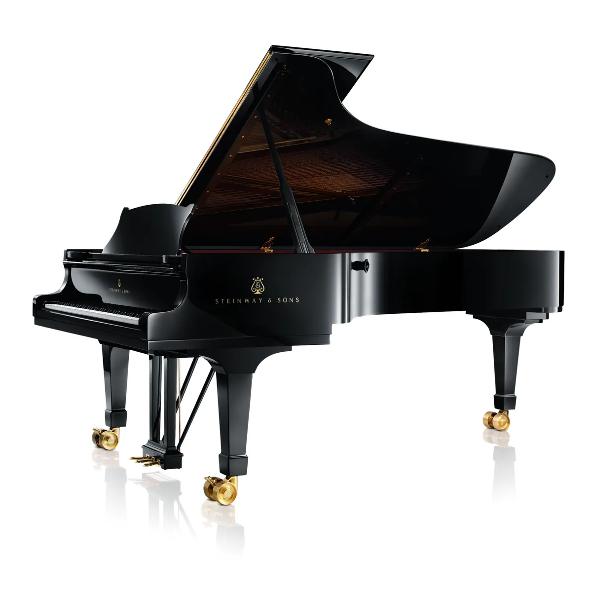 Piano de cauda preto com a tampa aberta